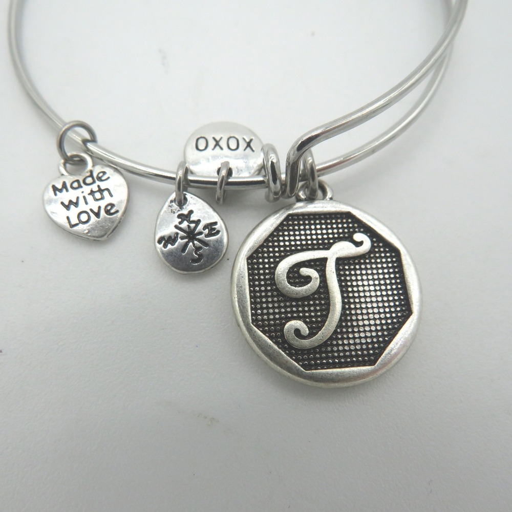 Silver Tone Initial T Expandable Bangle Bracelet with Heart XOXO‎ Compass Charms